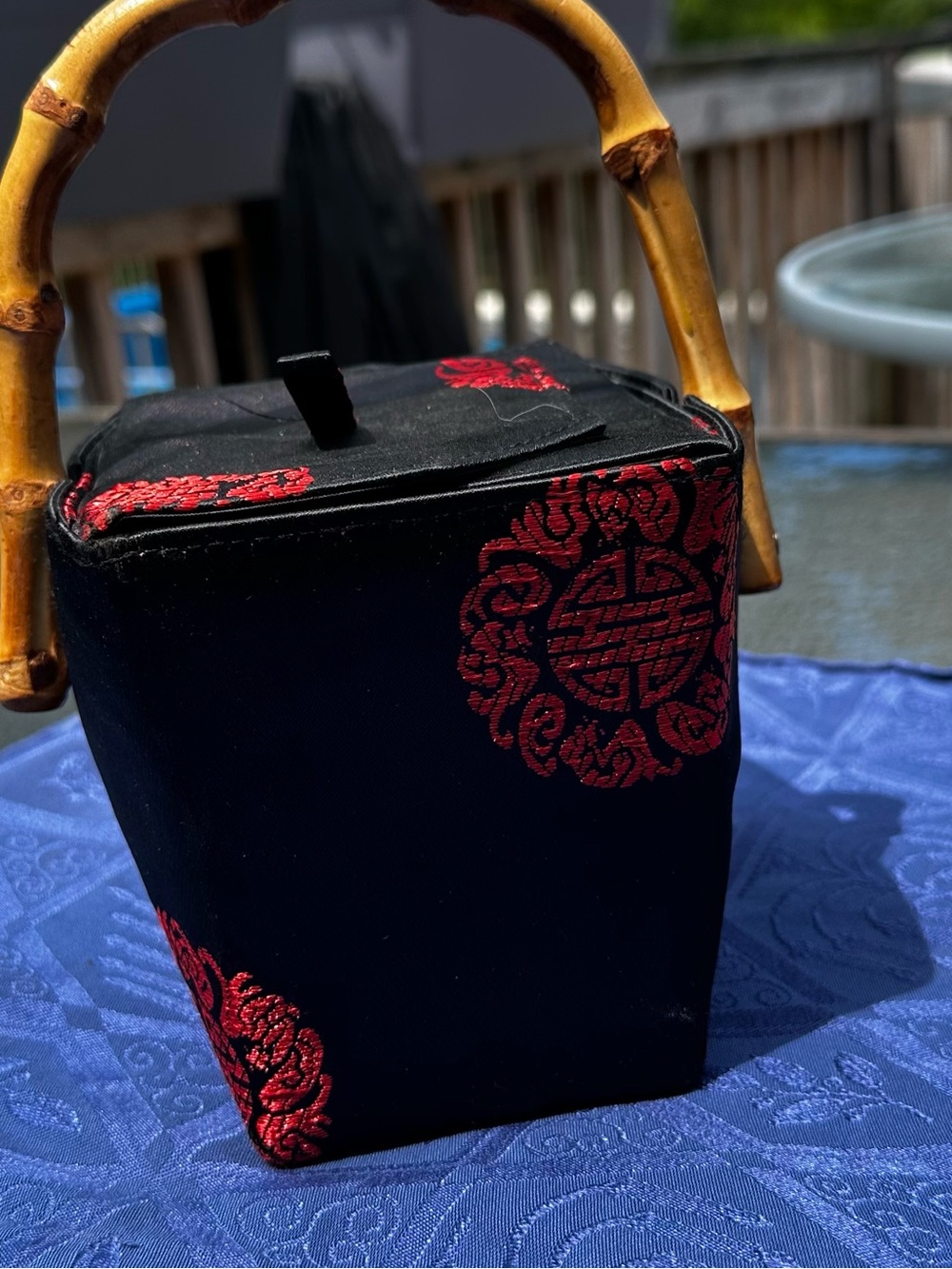 Black Mini Bamboo-Handle Bag with Red Embroidered Motifs